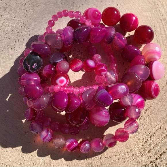 Natural Pink Striped Agate & Genuine Tourmaline Pink Quartz Gemstone Bracelet - Picture 15 of 15